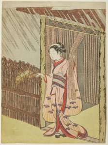 Kvinna som håller en gren av Kerria-blommor i regnet (parodi på Ota Dokan) av Suzuki Harunobu