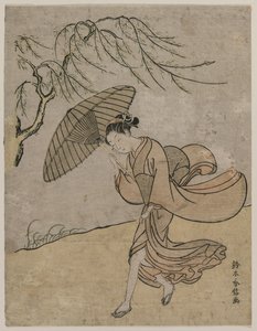 Kvinna som springer förbi ett pilträd i en bris, 1766 eller 1767. av Suzuki Harunobu