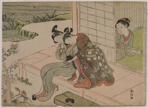 Kvinna som tittar på unga par omfamnas på en veranda, sent 1760-tal. av Suzuki Harunobu
