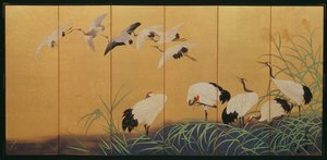 Sexfaldig skärm som visar vass och tranor, Edo-period, japansk, 1800-talet (färg på förgyllt siden)