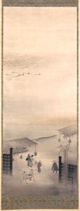 Yoshiwara och Shinagawa, Edo Period (bläck, färg & guld på siden) av Suzuki Kiitsu