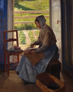 Woman Carding (olja på duk)