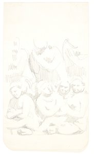 Grupp av sittande figurer med korsade armar i förgrunden. Studieblad efter reliefer i Borobudur, Java.