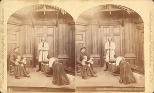Babys Death, Swedish Section, från Utställningens titel: Scener i svenskarnas hemliv, Utställning #na, Huvudutställningsbyggnaden, Byggnaden, 1876 (stereoskopiskt tryck) av Swedish Photographer