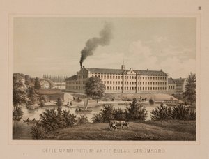Bomullsbruk, Strömsbro, Sverige, ca 1840 (färg litho) av Swedish School
