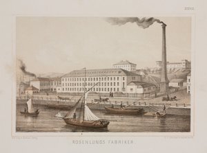 ‘Rosenlunds Fabriker’ (Rosenlunds Factory), Rosenlunds, Stockholm, Sweden, c.1840 (colour litho) av Swedish School