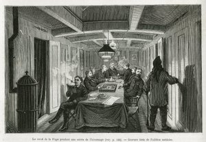 La Vegas torg, under en vinterkväll, och besättningens aktiviteter: läsning, schack och backgammonspel, samt likörprovning. Gravyr från den svenska upplagan, för att illustrera historien "" Voyage de la Vega runt Asien och Europa", av Ni av Swedish School