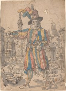 Giovanni Grosso från de schweiziska vakterna står framför en utsikt över Rom av Swiss 17th Century after Francesco Villamena