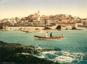 Hamnen i Jaffa med staden i bakgrunden, ca 1880-1900 (fotokrom)