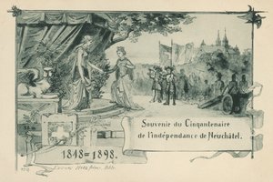 Femtioårsjubileum av Neuchatel utropade sig själv som republik inom Schweiziska edsförbundet 1848 (litho) av Swiss School