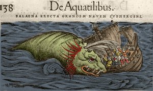 Sjömonster attackerar ett skepp, illustration från "History of Animals" av Conrad Gesner av Swiss School