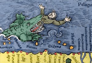 Havsmonster äter en människa, illustration från "Historia Animalium" av Conrad Gesner av Swiss School
