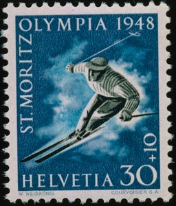 Frimärke till minne av de olympiska vinterspelen 1948 av Swiss School
