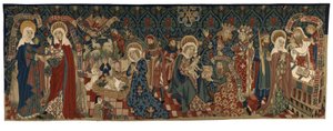 Tapestry dorsal föreställande fyra scener ur Jungfruns liv, från Basel, ca 1450-75 (ull & vita linnetrådar) av Swiss School