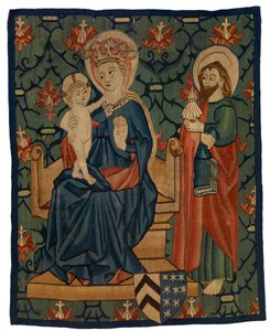 Gobelängfragment föreställande Jungfrun och barnet med St James av Swiss School
