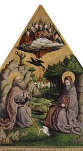Den mirakuløse fodring af Saint Anthony og Saint Paul Eremiten (blandet medier på træ) swed av Swiss School