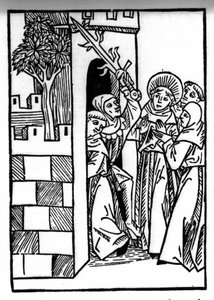 Legenden om Saint Brendan (Brandan), hjältar och irländskt helgon från 600-talet. En av munkarna är fängslad. Gravyr av "" Die Wunderbare Meerfahrt des Hl. Brandan.” Bal av Swiss School