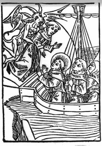 Legenden om Saint Brendan (Brandan), hjältar och irländskt helgon från 600-talet. Sankt Brandans bön räddar den syndige munken. Gravyr av "" Die Wunderbare Meerfahrt des Hl. Brandan.” Bal av Swiss School
