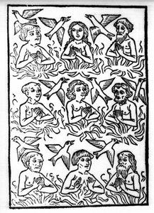 Legenden om Saint Brendan (Brandan), hjältar och irländskt helgon från 600-talet: Skärseldens eld och eldfåglarna. Gravyr av "" Die Wunderbare Meerfahrt des Hl. Brandan.” Bal av Swiss School