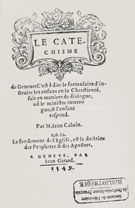 Titelsidan för Johannes Calvins katekes, publicerad i Genève, 1549 av Swiss School