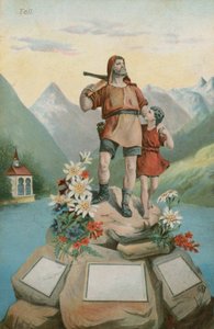 Wilhelm Tell och hans son (chromolitho) av Swiss School