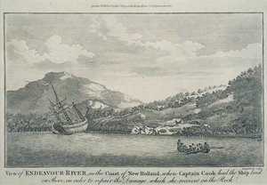 Kapten Cook, efter att ha blivit skeppsbruten på sin resa runt jorden, har Endeavour reparerad i en hamn på en av Hope Islands, ca 1786 (gravyr)