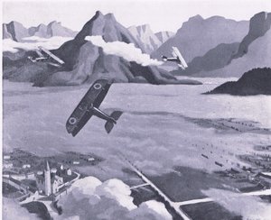 Brittiska scouter som lämnar sin flygplats på patrull över Asiago Plateau, Italien, från British Adventure publicerat av Collins, 1947 av Sydney Carline