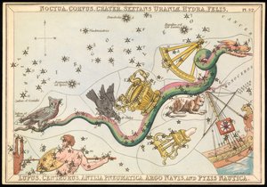 Noctua, Corvus, Crater, Sextans Uraniae, Hydra, Felis, Lupus, Centaurus, Antilia Pnuematica, Argo Navis och Pysix Nautica, ca 1825 (kort, papper, vävnad) av Sydney Hall