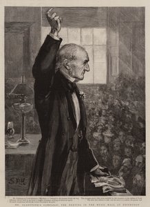 Mr Gladstones kampanj, mötet i Music Hall i Edinburgh (gravyr)