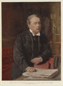 The Earl of Rosebery talar i House of Lords (färg litho)