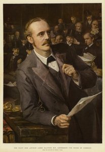 Högern Arthur James Balfour, MP, talar till underhuset (färg litho)