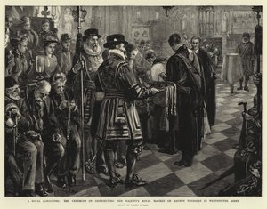 En kunglig allmosa, ceremonin för utdelning av Hennes Majestäts kungliga skärtorsdag på skärtorsdagen i Westminster Abbey av Sydney Prior Hall