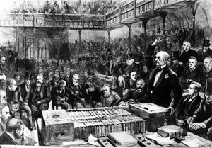 Hemstyredebatt i underhuset - Gladstones peroration, illustration från 