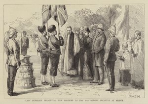 Lady Dufferin presenterar nya färger för det 18:e bengaliska infanteriet i Alipur av Sydney Prior Hall