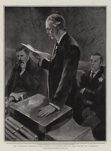 Balfour läser upp kapitulationsvillkoren i underhuset. av Sydney Prior Hall