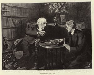 Mr Gladstone på Hawarden, spelar ett spel backgammon med sin son, pastor Stephen Gladstone av Sydney Prior Hall