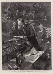 Sir Michael Hicks-Beach, finansministern, håller sitt budgettal av Sydney Prior Hall