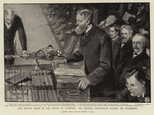 Budgetkvällen i underhuset, Sir Michael Hicks-Beach gör sitt uttalande. av Sydney Prior Hall