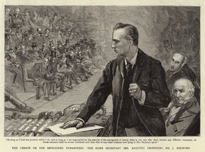Debatten om de fängslade dynamitörerna, inrikesministern (Asquith) som svarar J. Redmond av Sydney Prior Hall