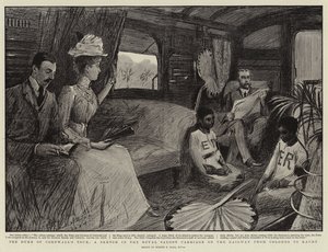 Hertigen av Cornwalls rundtur, en skiss i Royal Saloon Carriage på järnvägen från Colombo till Kandy av Sydney Prior Hall