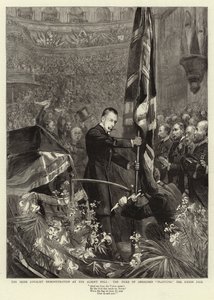 Den irländska lojalistiska demonstrationen i Albert Hall, hertigen av Abercorn planterar Union Jack av Sydney Prior Hall