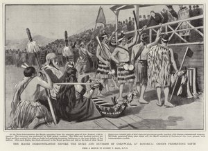 Maori-demonstrationen inför hertigen och hertiginnan av Cornwall i Rotorua, hövdingar som presenterar gåvor av Sydney Prior Hall