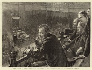 The Peers i deras Gallery, tittar på ett avbrott i Mr Gladstones tal av Sydney Prior Hall