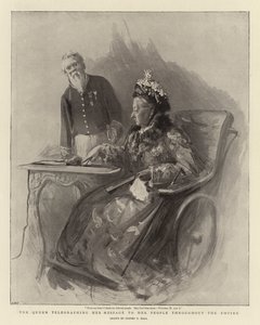 Drottningen telegraferar sitt budskap till sitt folk i hela imperiet av Sydney Prior Hall