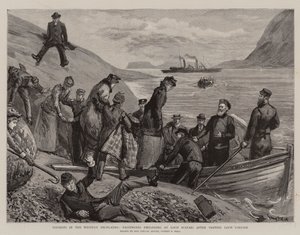 Turister i västra höglandet, passagerare som går ombord på Loch Scavaig efter att ha besökt Loch Coruisk av Sydney Prior Hall