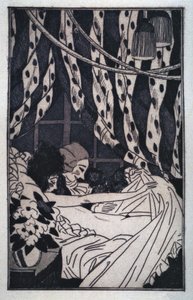 Erotik: Giacomo Casanova (1725-1798) höjer lakanen för att begrunda sin nakna älskarinna, tidigt 1900-tal (etsning)