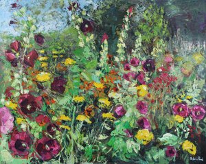 Hollyhock Garden, 2021 (olja på duk) av Sylvia Paul