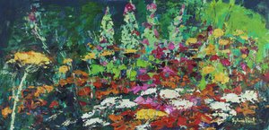 Zingy Flower Bed, 2021 (olja på duk) av Sylvia Paul