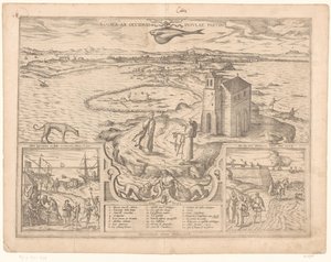 Utsikt över Cádiz udde Gades ab occiduis insulae partibus (titel på objekt) av Symon Novelanus (possibly)