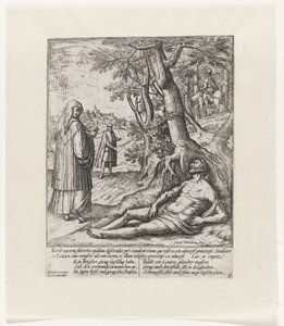 En präst och en levit passerar och lämnar den skadade resenären Liknelsen om den barmhärtige samariten (serietitel) av Symon Novelanus